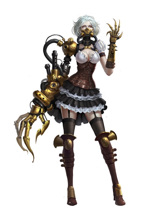 Steampunk woman with silver hair and mechanical arm