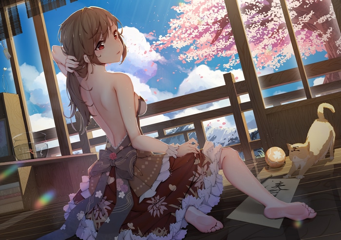 Girl with cat and cherry blossoms