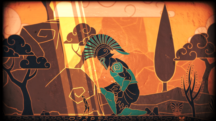 Greek mythology warrior kneeling before a small figure
