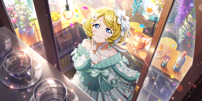 Ayase Eli in a cafe with flowers and tea sets