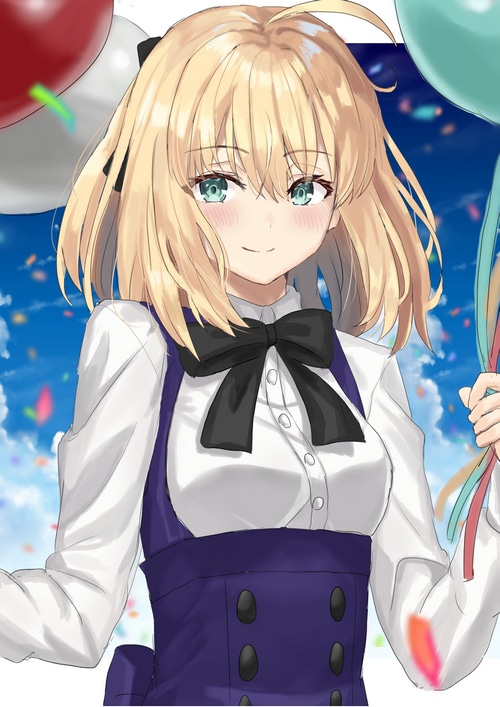 Saber Lily holding balloons with confetti