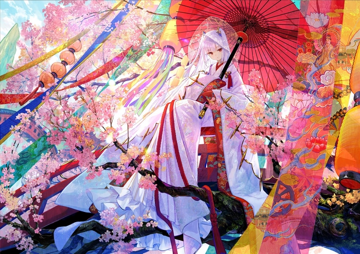 Fuji Choko in Japanese Clothes with Cherry Blossoms and Umbrella