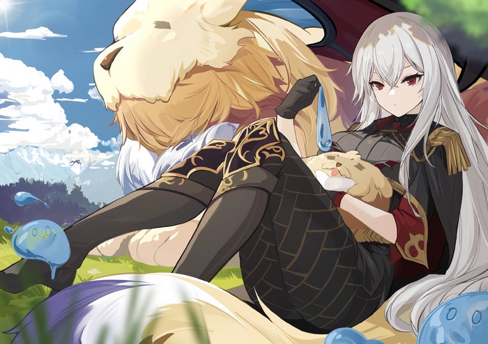 Anime girl with white hair and a fluffy creature