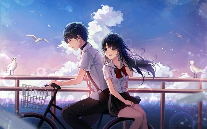Anime couple on a bicycle with seagulls