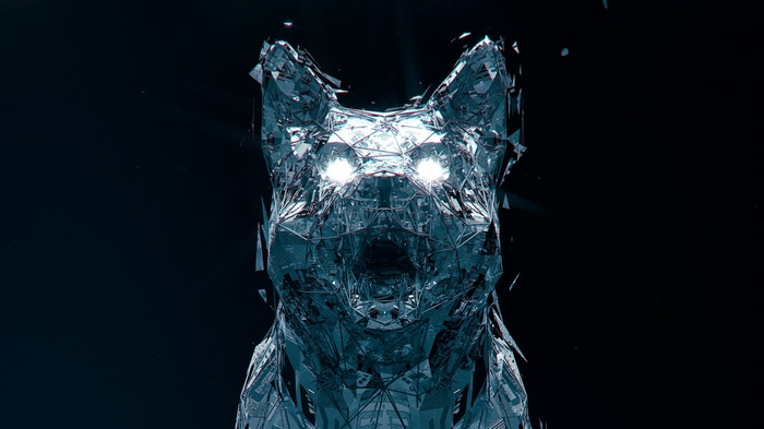 Muzz abstract geometric dog with glowing eyes