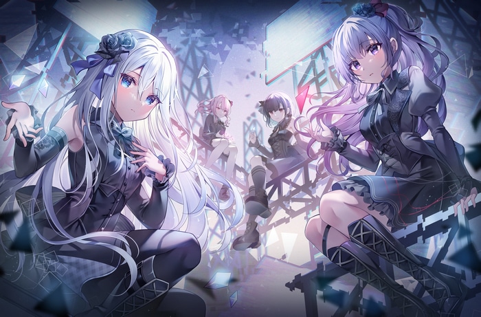 Four girls in dark fantasy outfits in a digital world