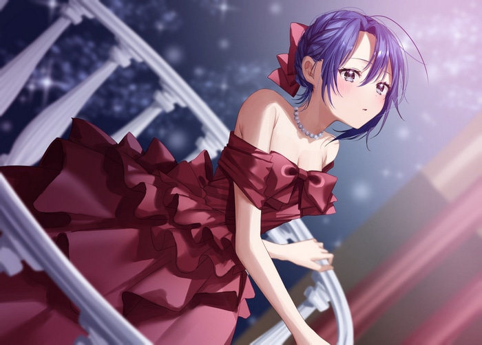 Anime girl with purple hair in a red dress
