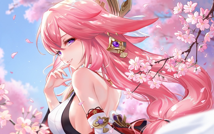 Yae Miko from Genshin Impact with Cherry Blossoms