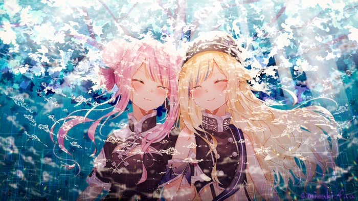 Anime girls with pink and blonde hair smiling