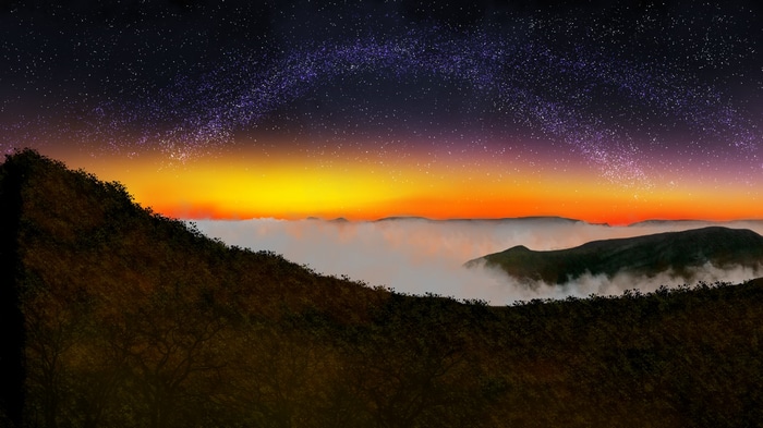 Digital painting of a starry night sky over mountains and fog