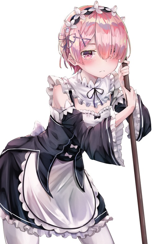 Ram from Re:Zero in a Maid Outfit Holding a Broom