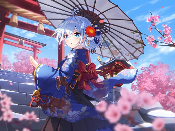 4K Dango Remi in blue kimono with umbrella