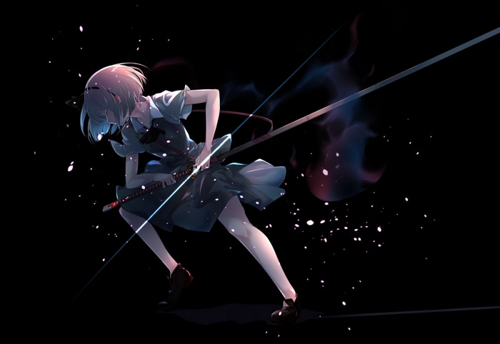 Anime girl with sword on black background