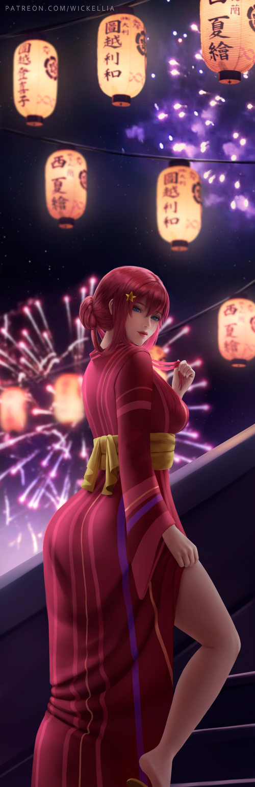 Nakano Itsuki in Kimono with Fireworks