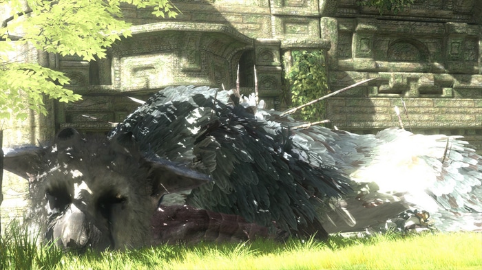 The Last Guardian creature sleeping near ruins