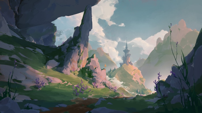 Florian Heroud fantasy art landscape with mountains and castle