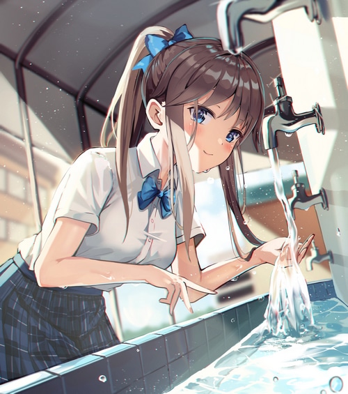 Anime girl with blue bow washing hands at a faucet