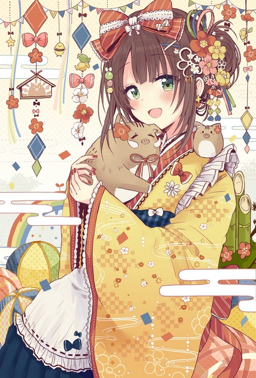 Sakura Oriko in Japanese Clothes with Boar Plushies