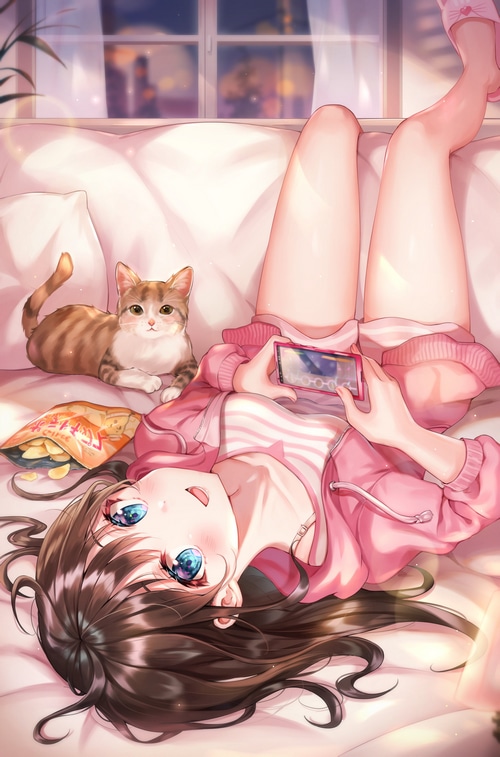 Anime girl playing on phone with cat and chips