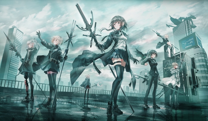 Group of women with weapons in a cityscape