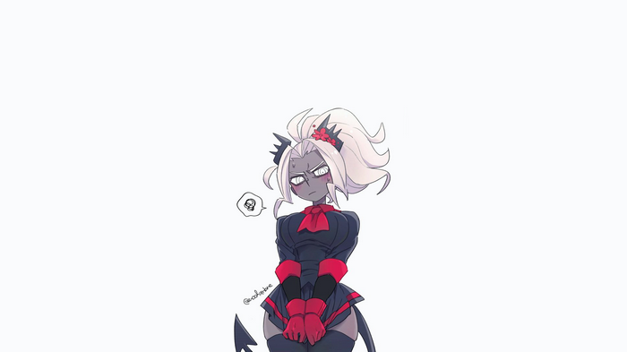 Judgement from Helltaker with white hair and demon horns