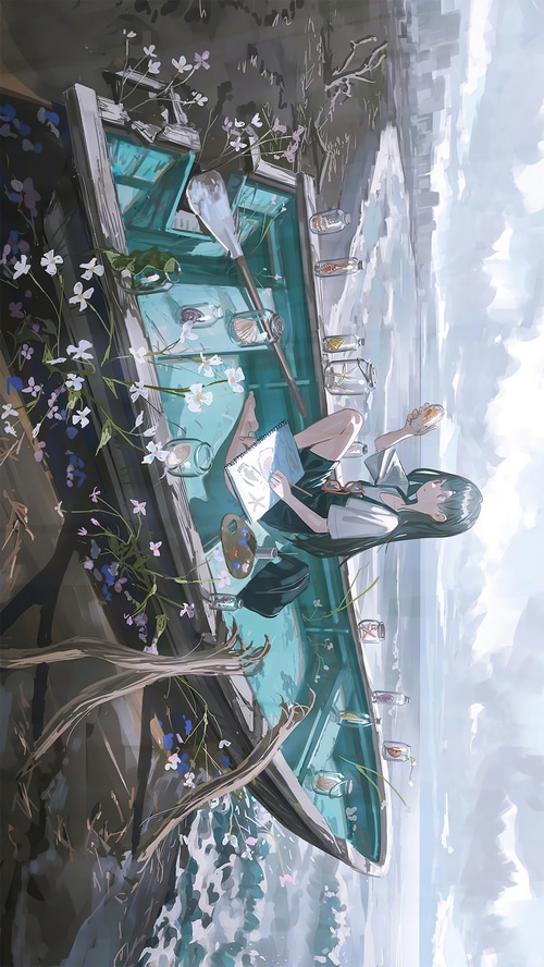 Girl painting in a boat with flowers and bottles