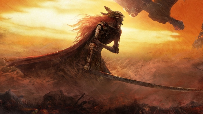 Malenia from Elden Ring in a fantasy landscape