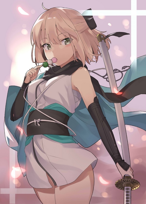 Okita Souji eating dango with a katana