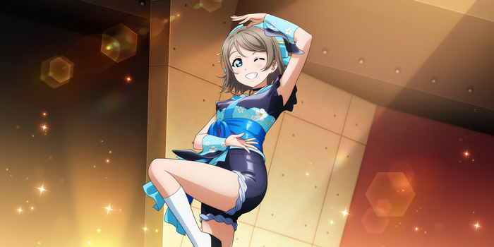 Watanabe You from Love Live! Sunshine in a blue and black outfit