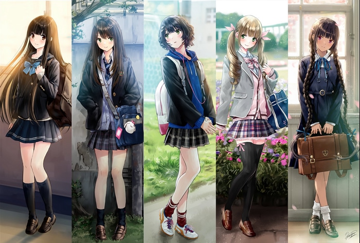 Five anime schoolgirls in uniform with bags