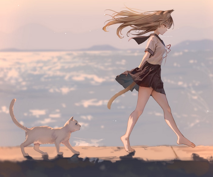 Cat girl in school uniform walks with a cat