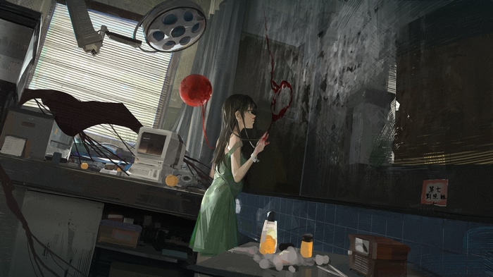 Girl with red balloon in a medical room