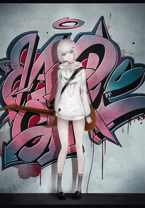 Anime girl with guitar in front of graffiti