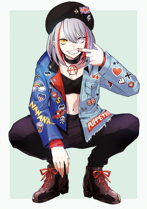 Anime girl with punk-inspired fashion and patches