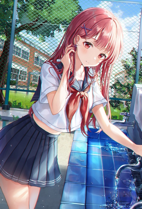 Ram from Re:Zero at a school water fountain