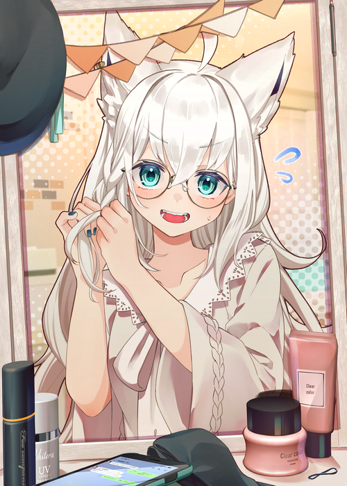Anime girl with white hair and fox ears in a mirror