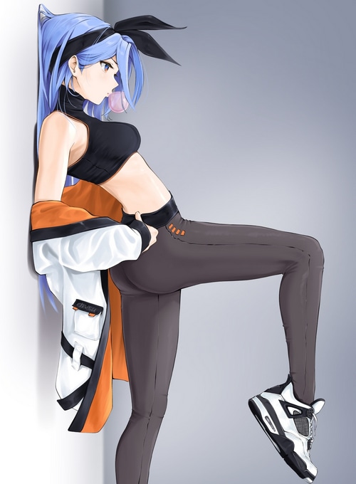 Anime girl with blue hair wearing sportswear and sneakers