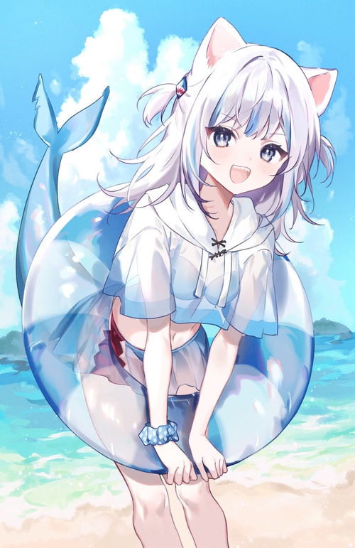 Gawr Gura with a shark float on the beach