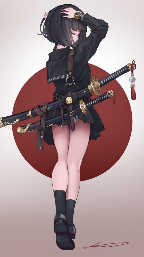Woman in school uniform with swords