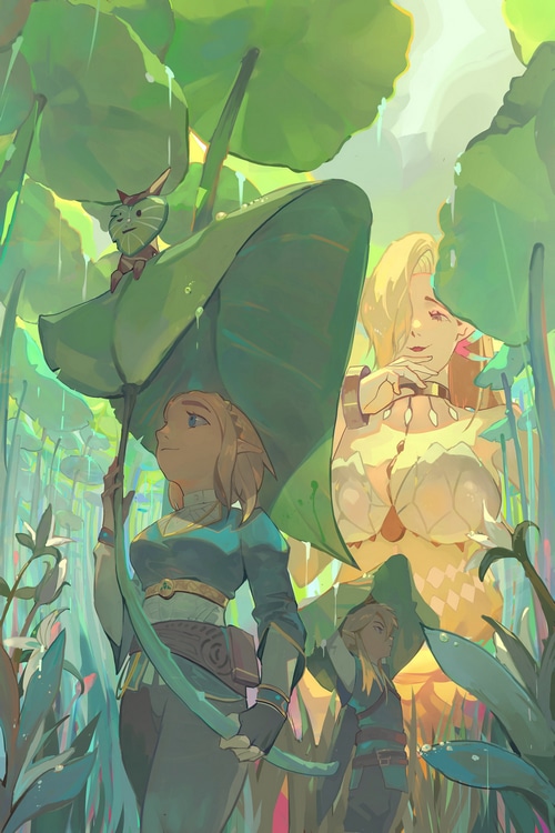Link, Zelda, and a Korok in the rain