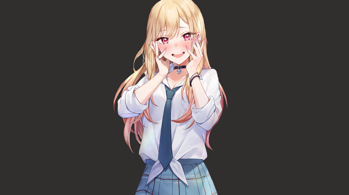 Kitagawa Marin in school uniform with pink eyes