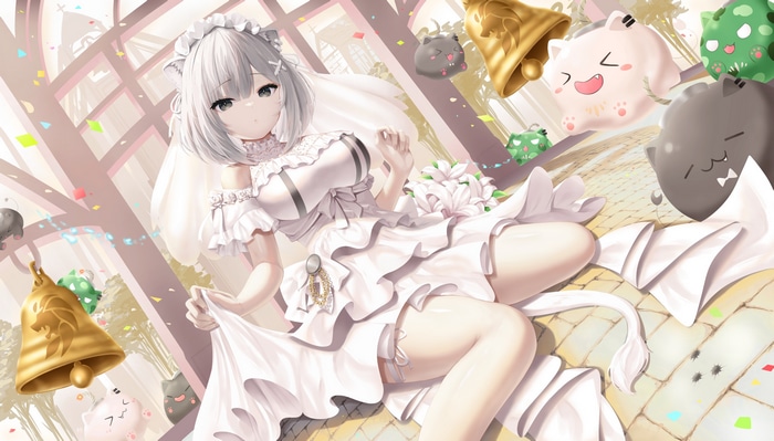 Shishiro Botan in a Wedding Dress with Cat-like Creatures