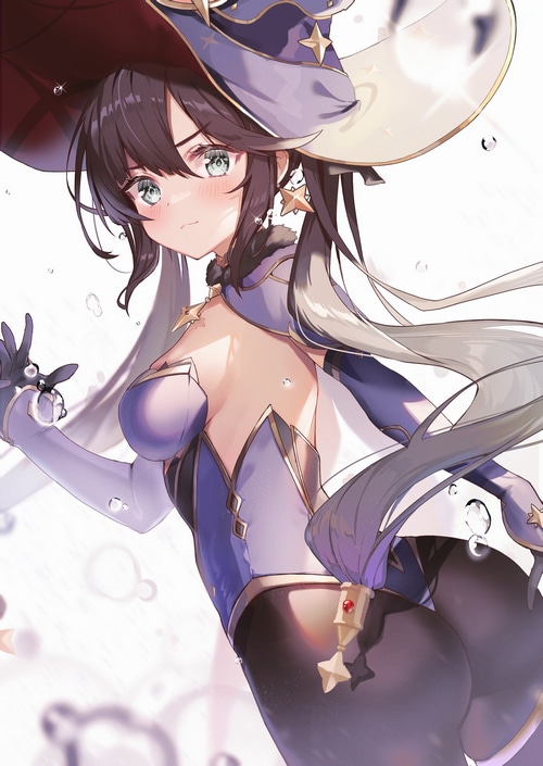 Mona from Genshin Impact with water droplets