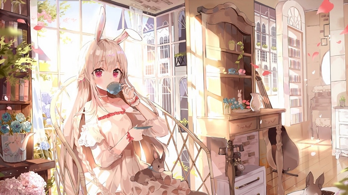Girl with bunny ears drinking from a coffee cup