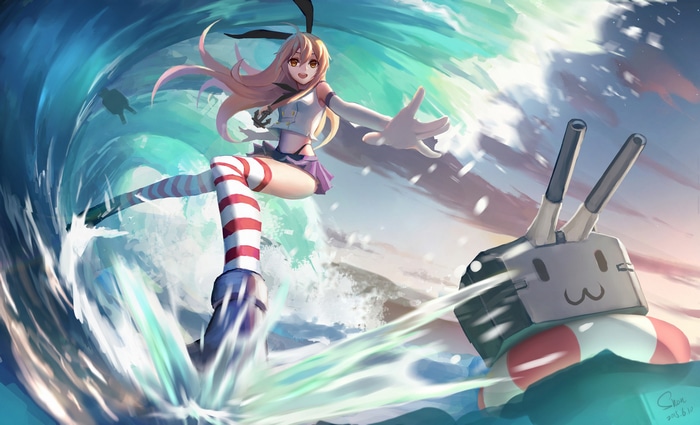 Shimakaze and Rensouhou-chan surfing a wave