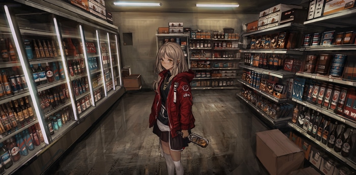 Anime girl in a convenience store holding a bottle