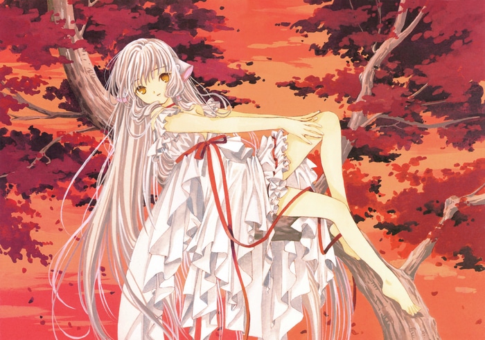 Chii from Chobits sitting on a tree branch