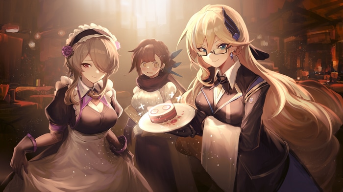 Three anime women in a restaurant with a cake