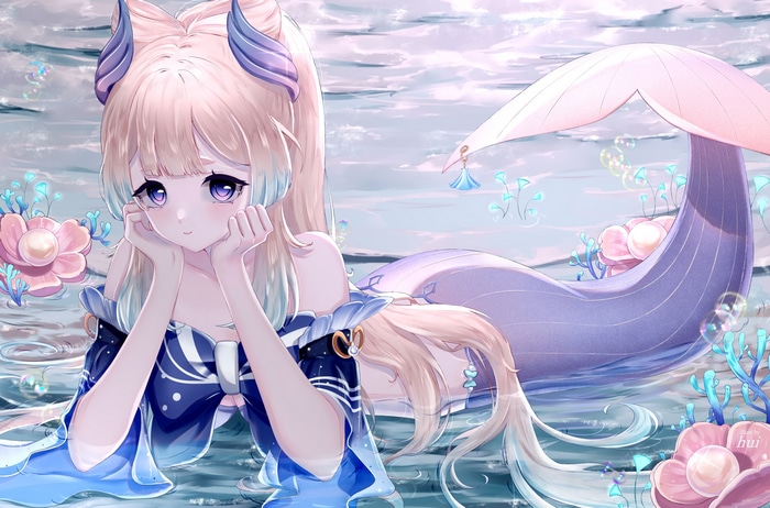 Anime girl with a mermaid tail in water