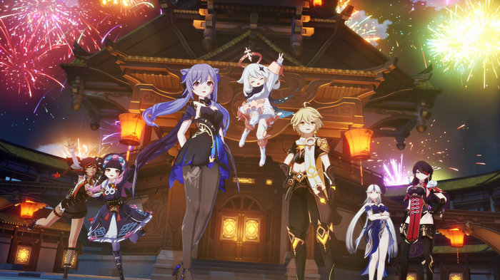 Genshin Impact characters celebrate with fireworks